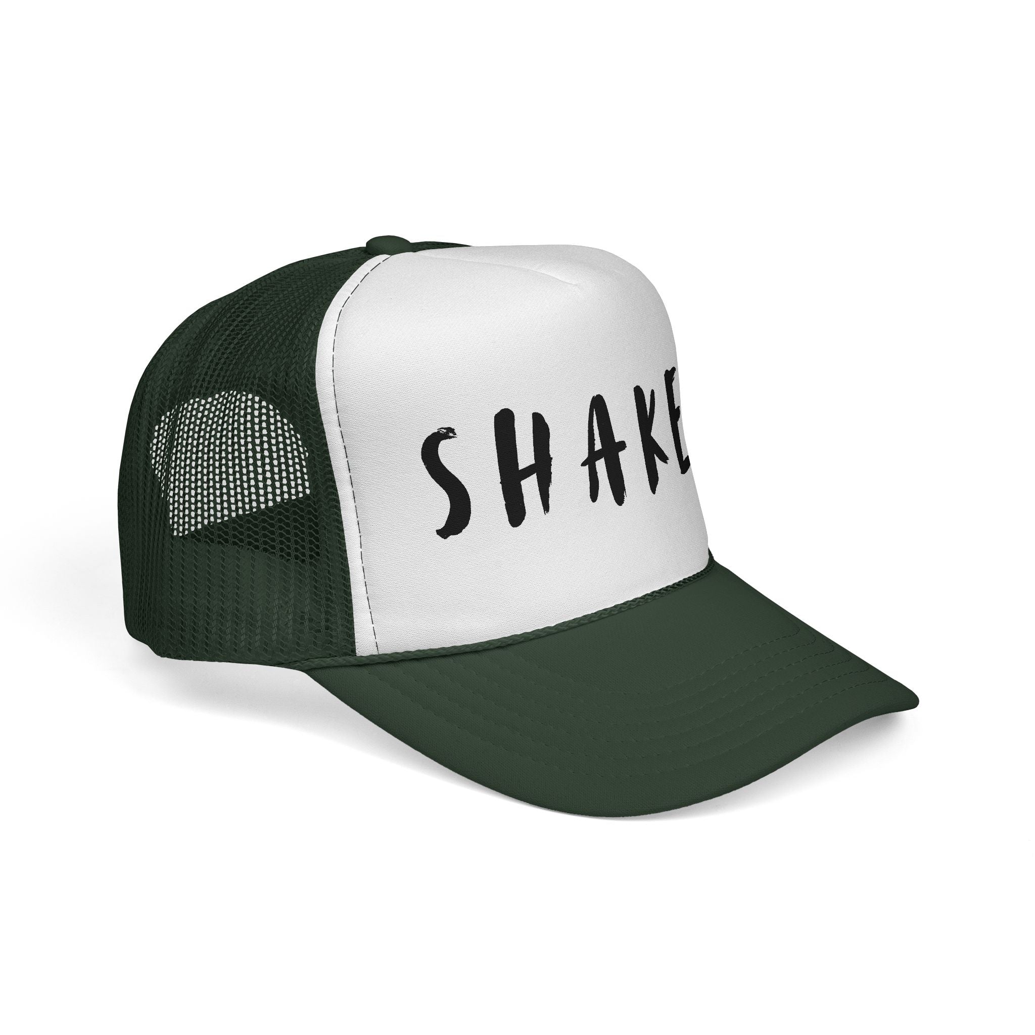 Shaken Trucker Hat — Distressed Script Mesh Baseball Cap