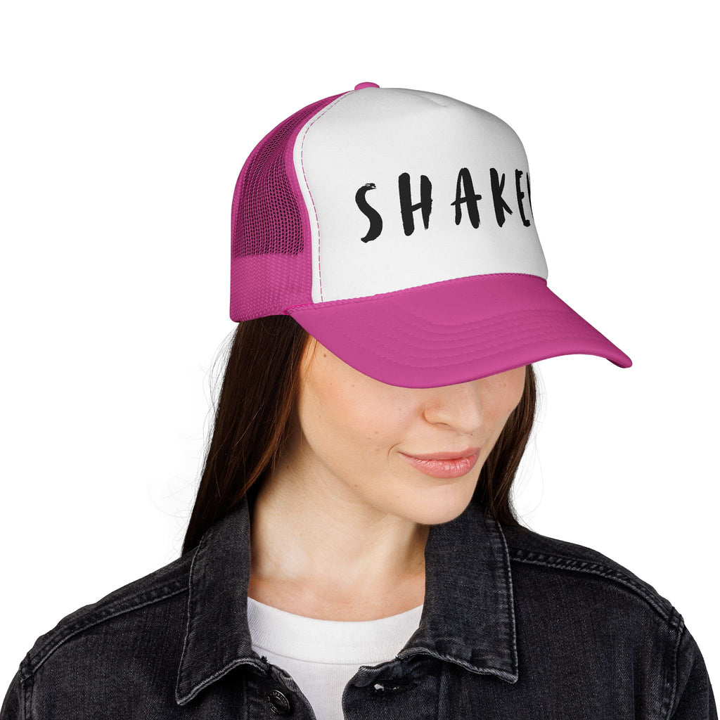 Shaken Trucker Hat — Distressed Script Mesh Baseball Cap