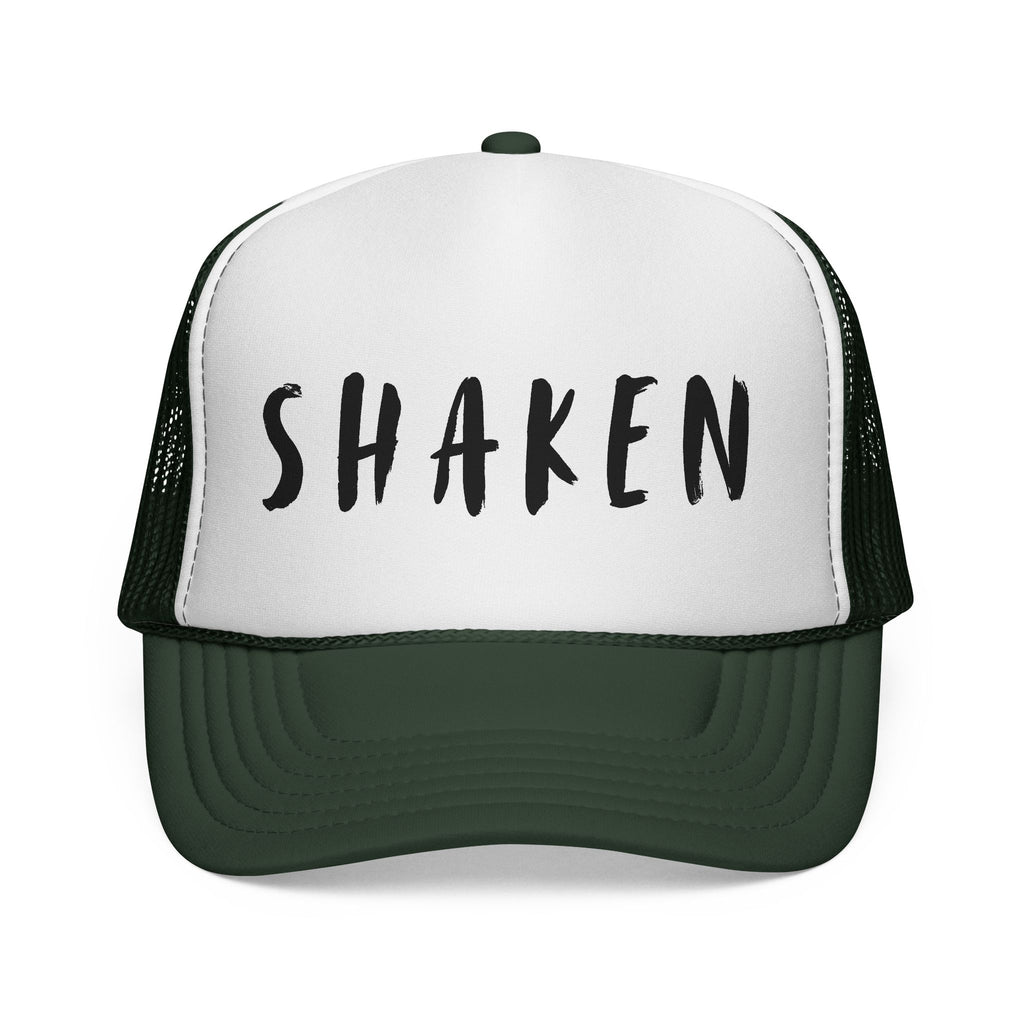 Shaken Trucker Hat — Distressed Script Mesh Baseball Cap