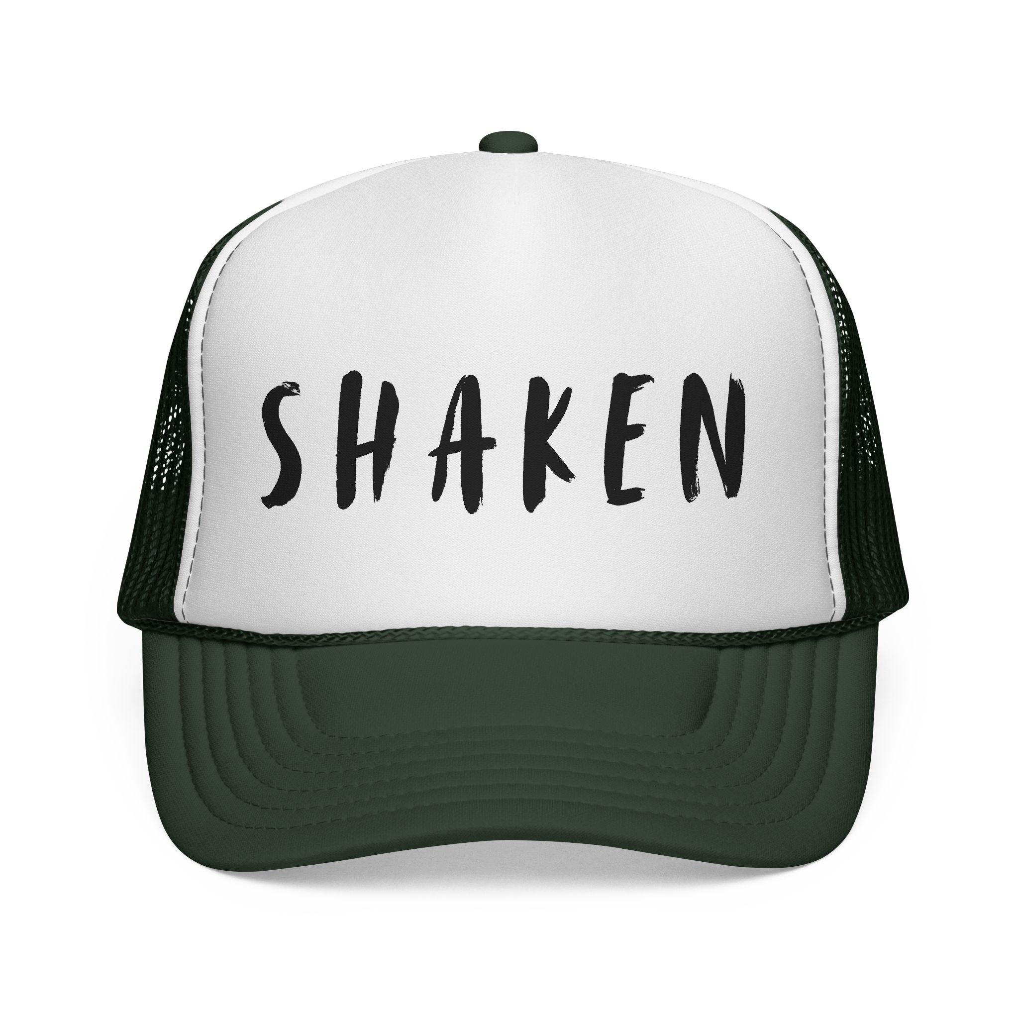 Shaken Trucker Hat — Distressed Script Mesh Baseball Cap