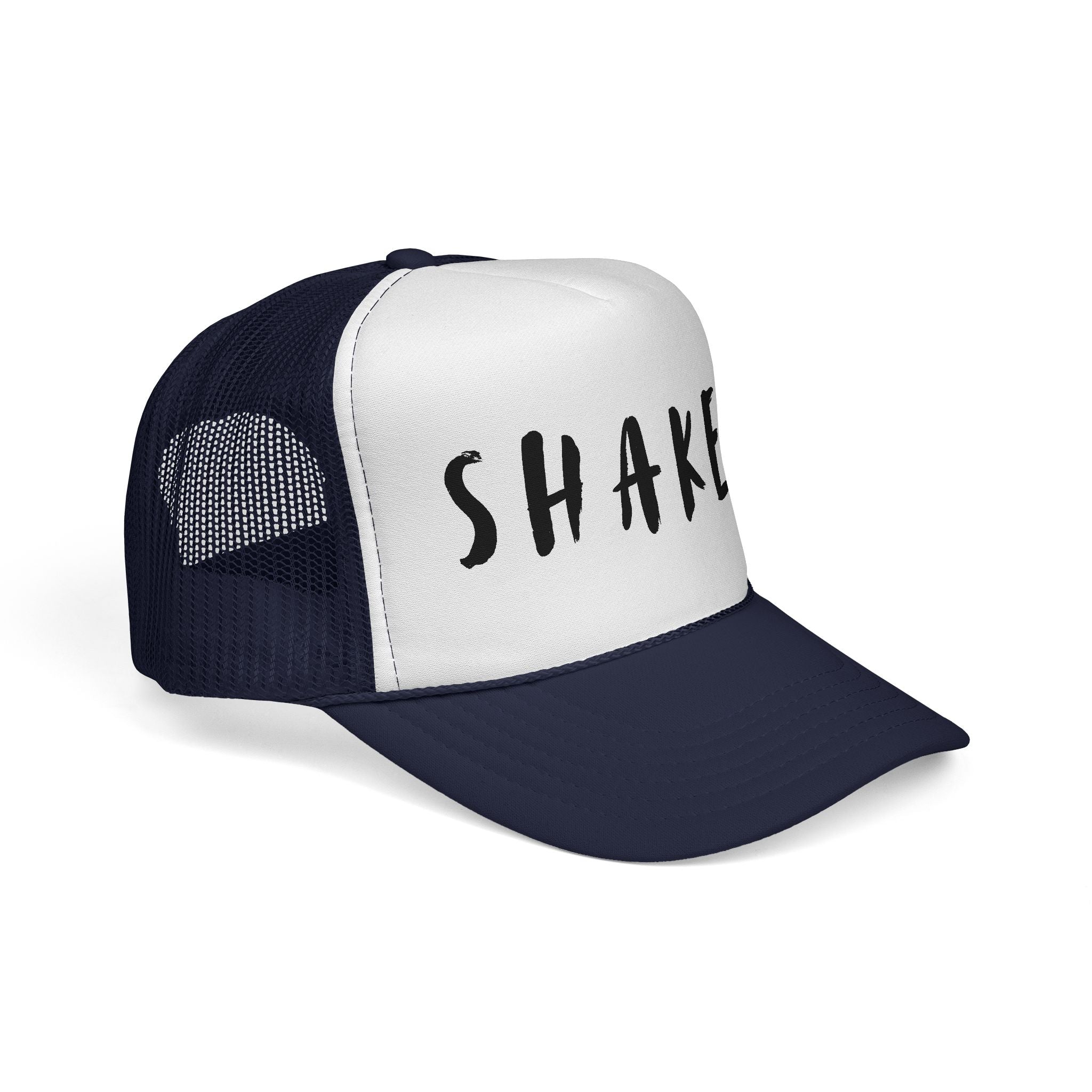 Shaken Trucker Hat — Distressed Script Mesh Baseball Cap