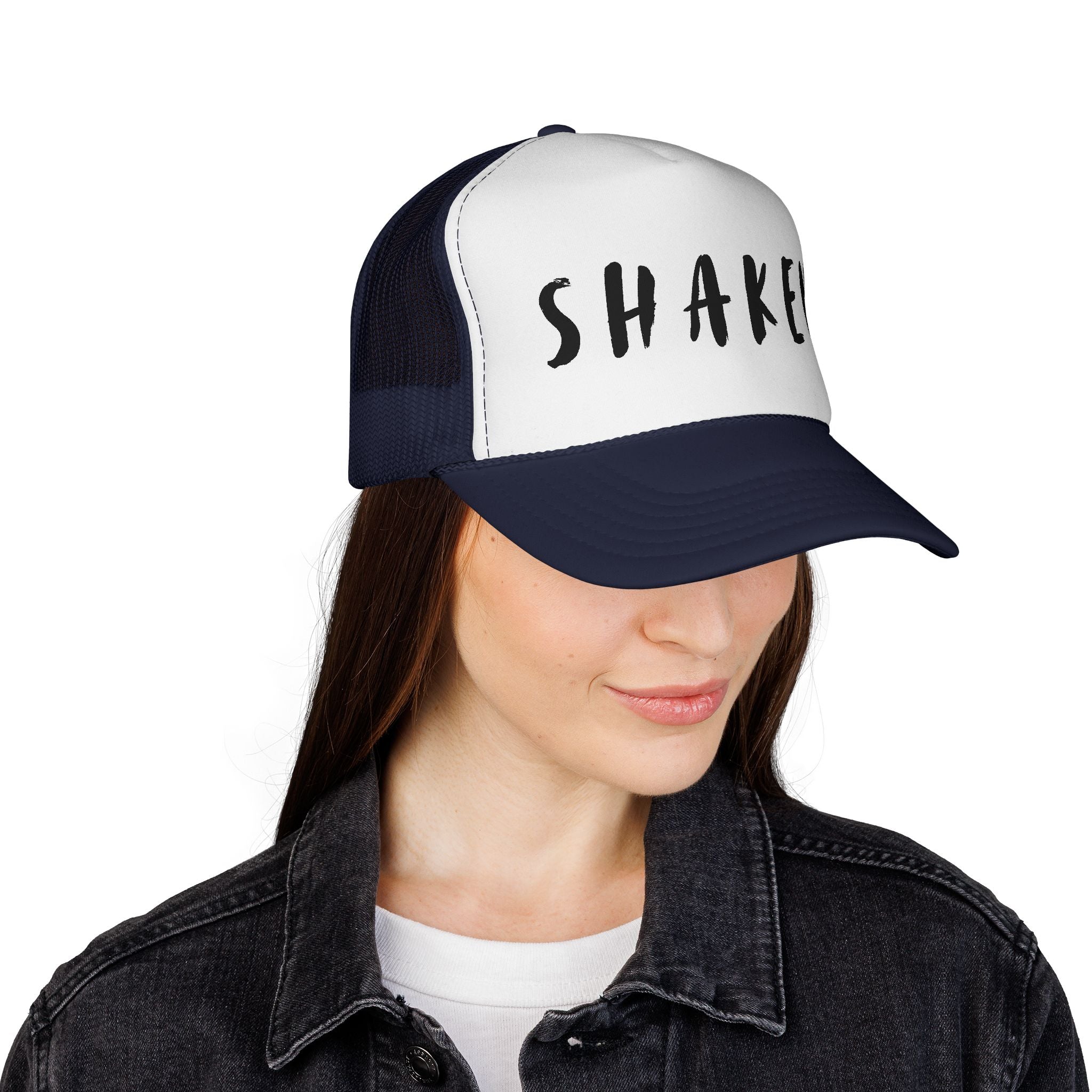 Shaken Trucker Hat — Distressed Script Mesh Baseball Cap