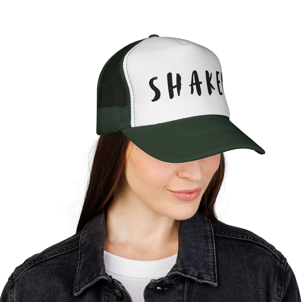 Shaken Trucker Hat — Distressed Script Mesh Baseball Cap