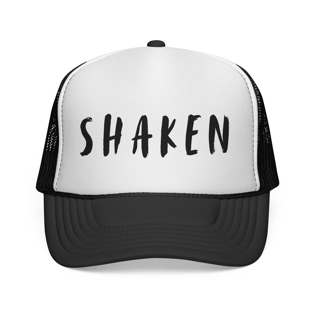 Shaken Trucker Hat — Distressed Script Mesh Baseball Cap