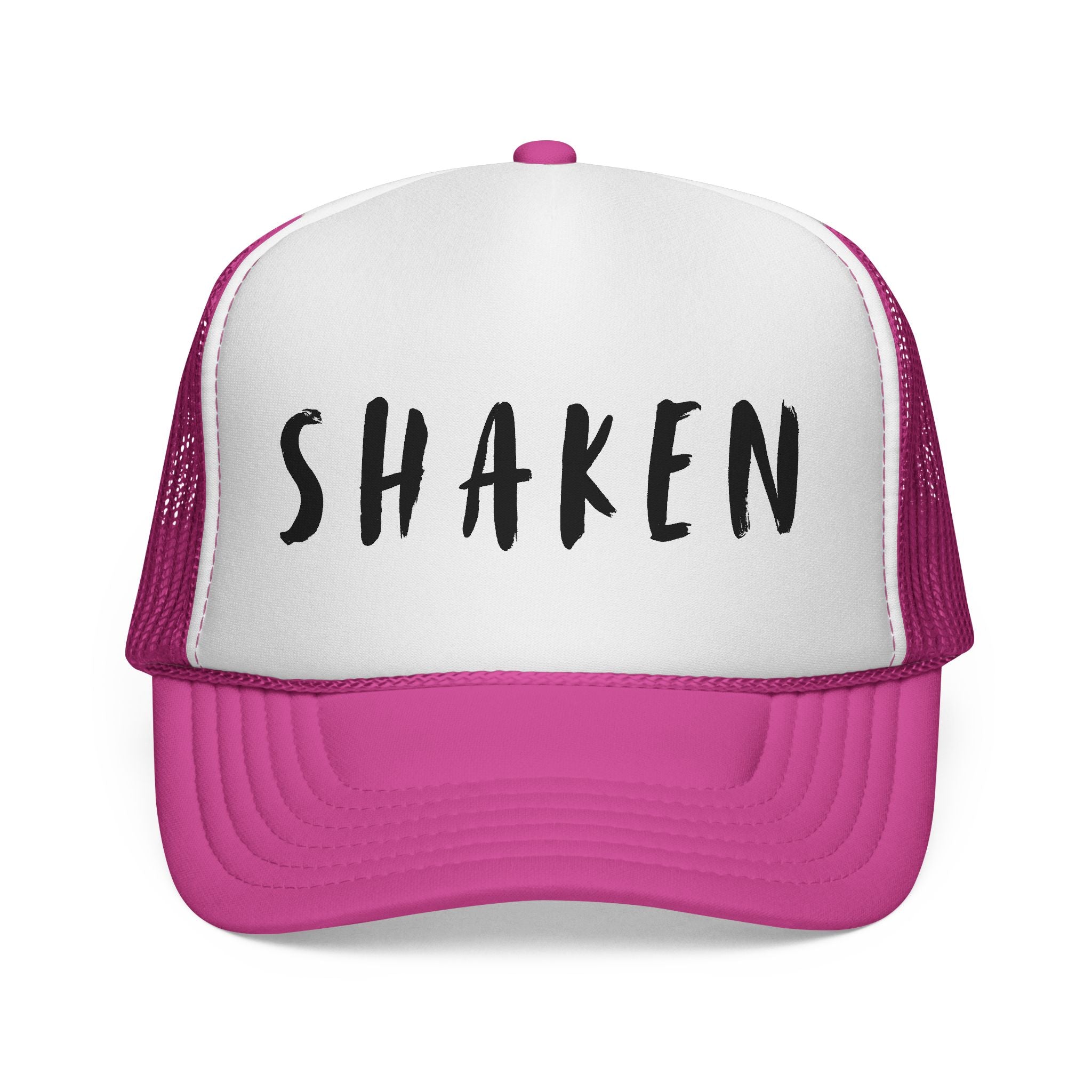 Shaken Trucker Hat — Distressed Script Mesh Baseball Cap