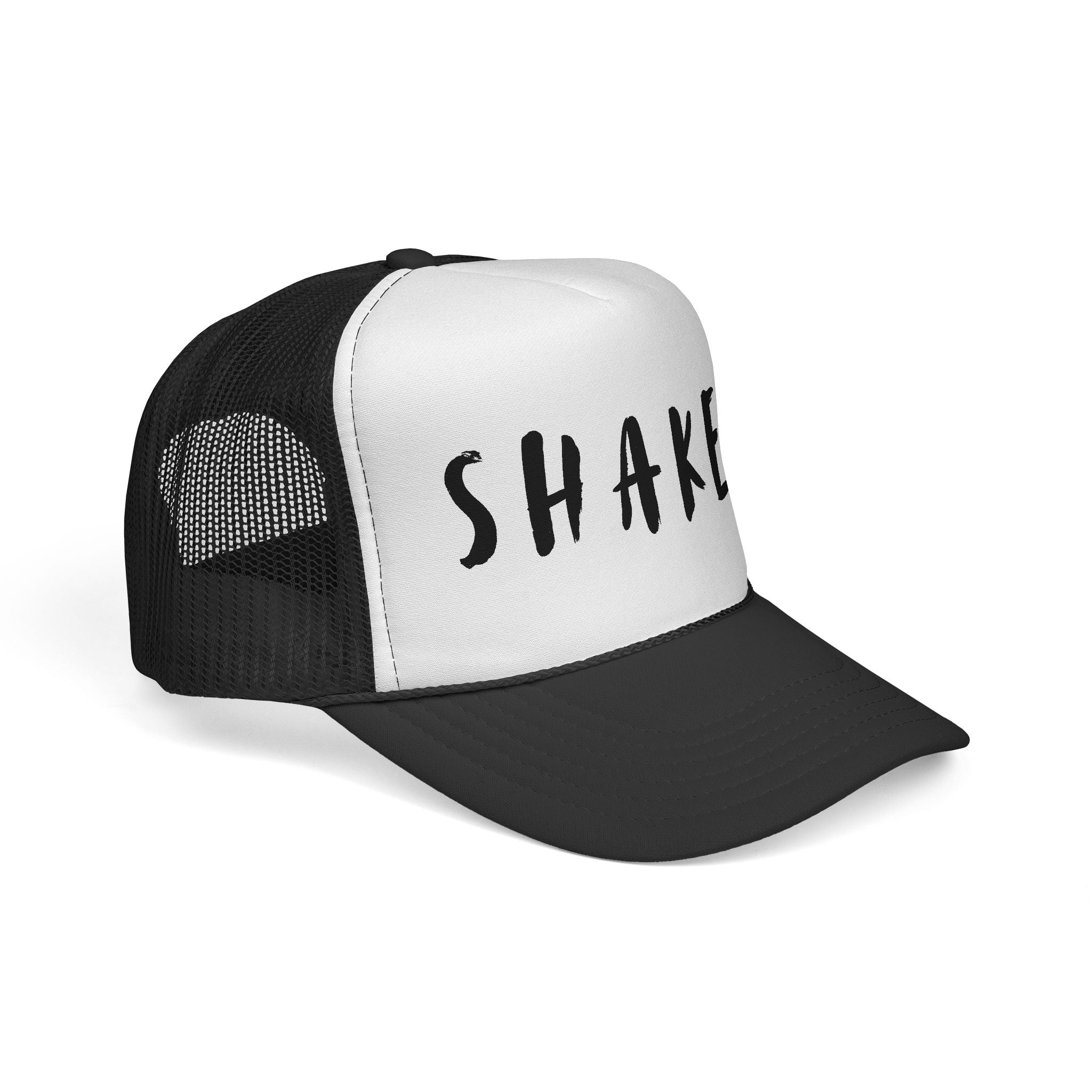 Shaken Trucker Hat — Distressed Script Mesh Baseball Cap