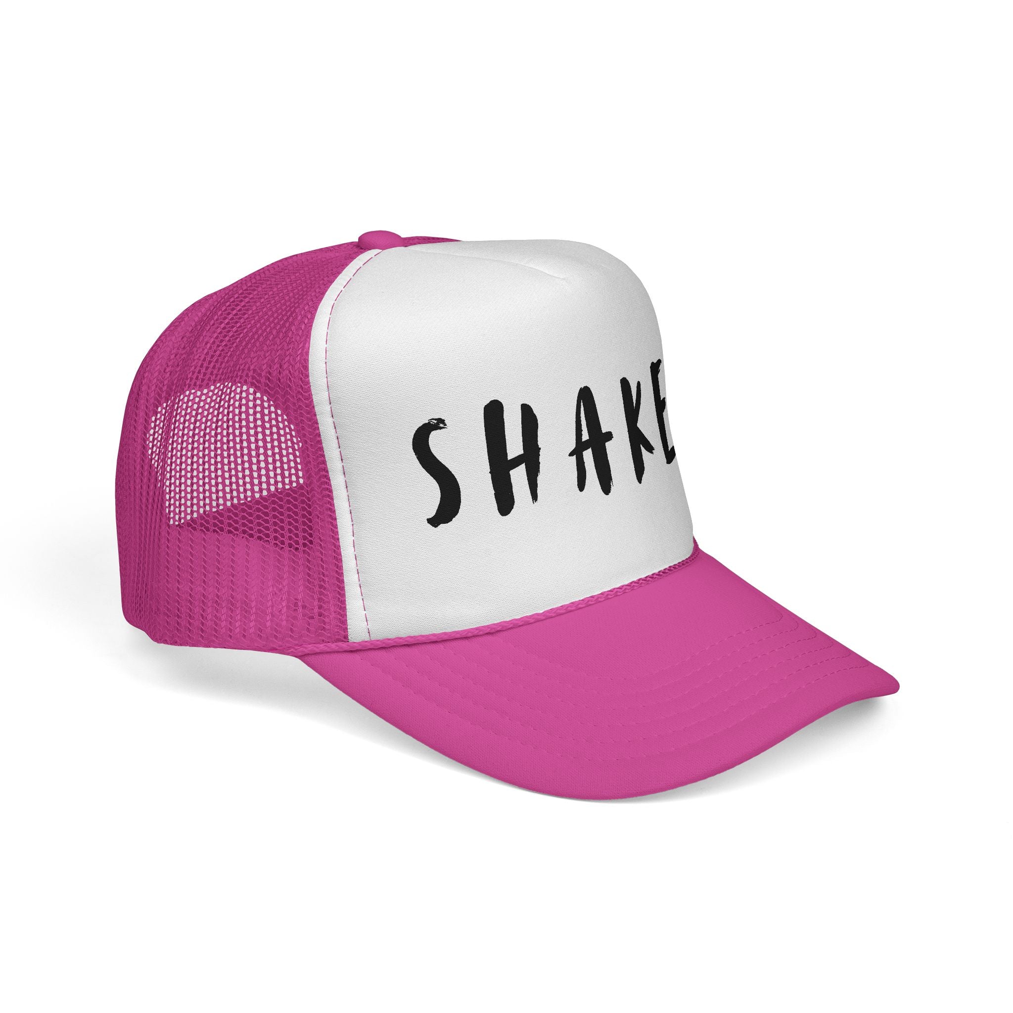 Shaken Trucker Hat — Distressed Script Mesh Baseball Cap