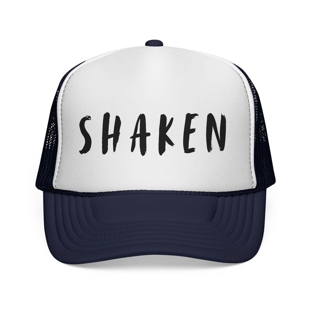 Shaken Trucker Hat — Distressed Script Mesh Baseball Cap