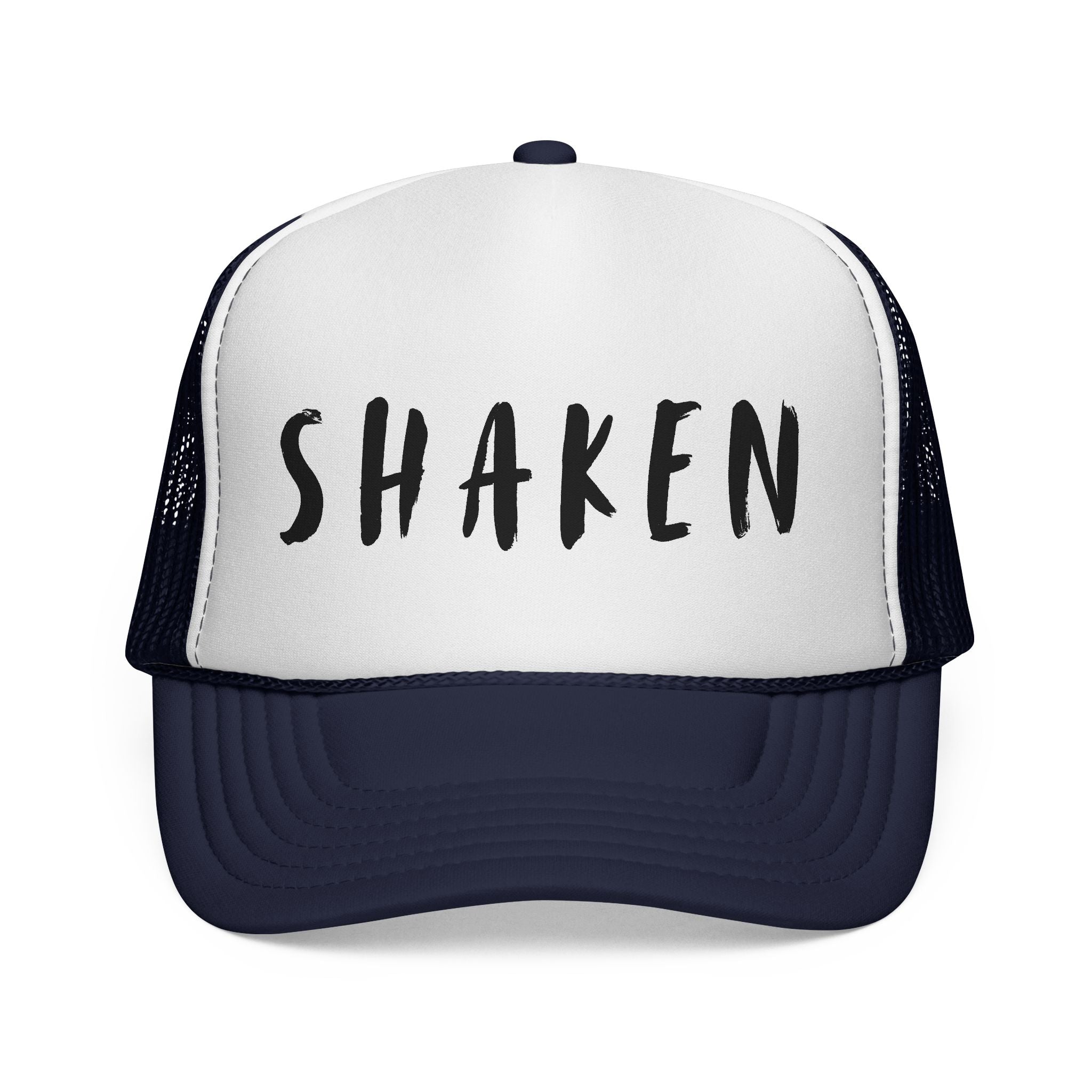 Shaken Trucker Hat — Distressed Script Mesh Baseball Cap