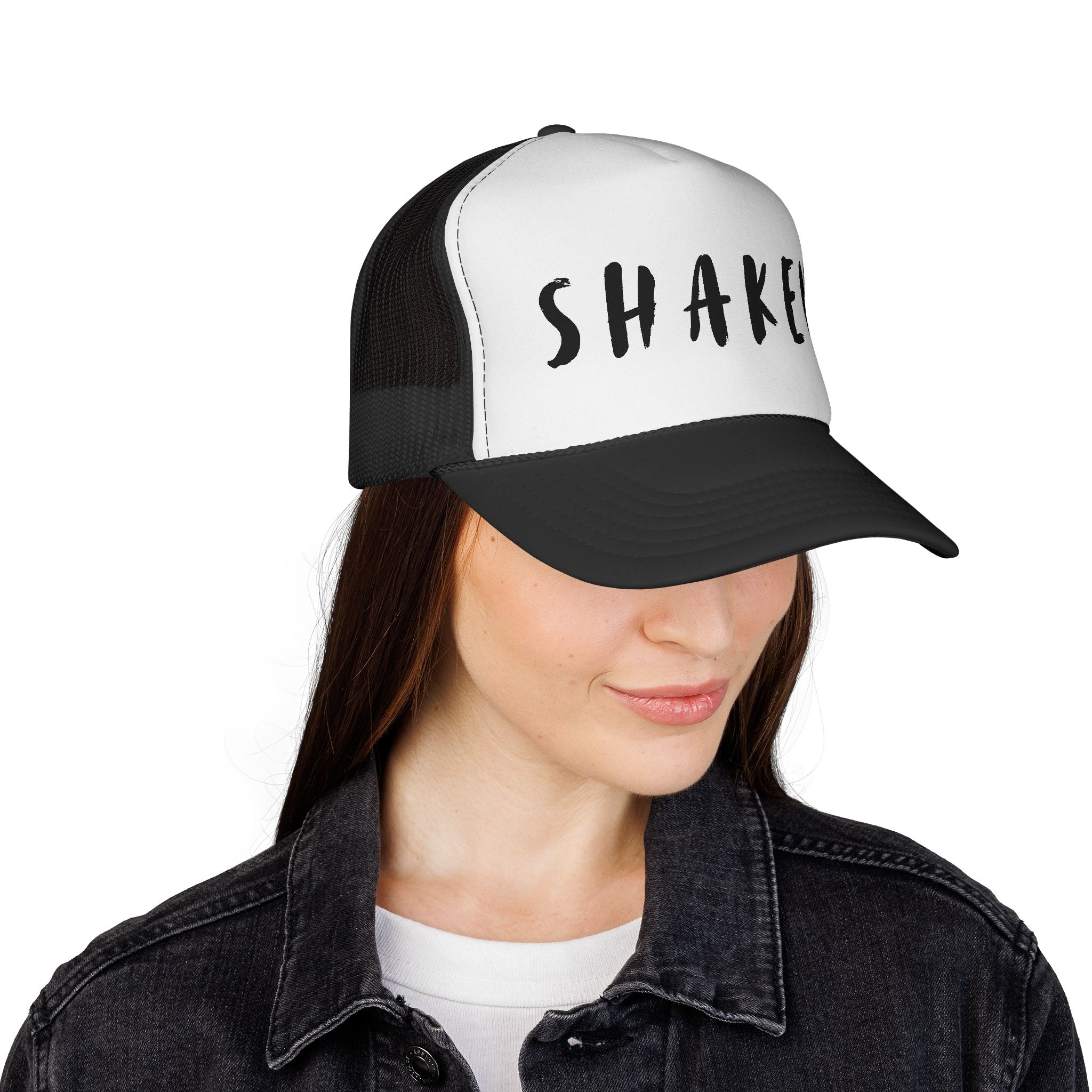 Shaken Trucker Hat — Distressed Script Mesh Baseball Cap